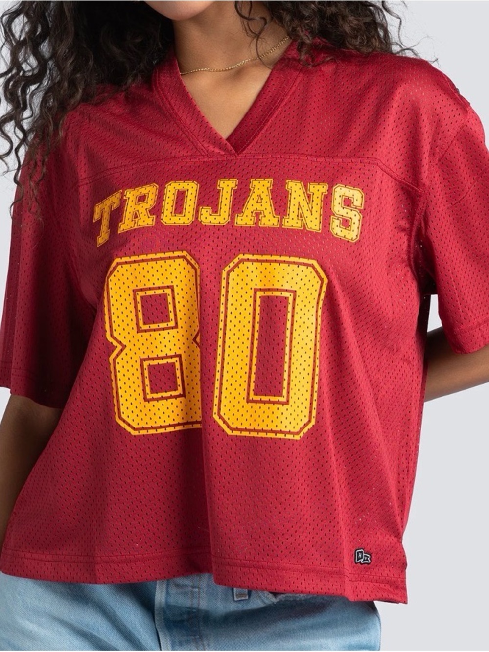 Trojans Red Mesh Jersey Tee with Gold Number 80